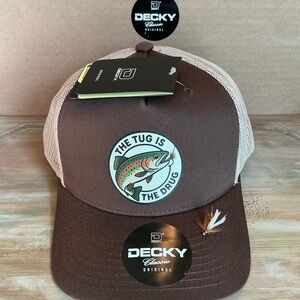 Fly Fishing Trucker Hat “The Tug Is The Drug” Brown/Khaki w/ fly lure